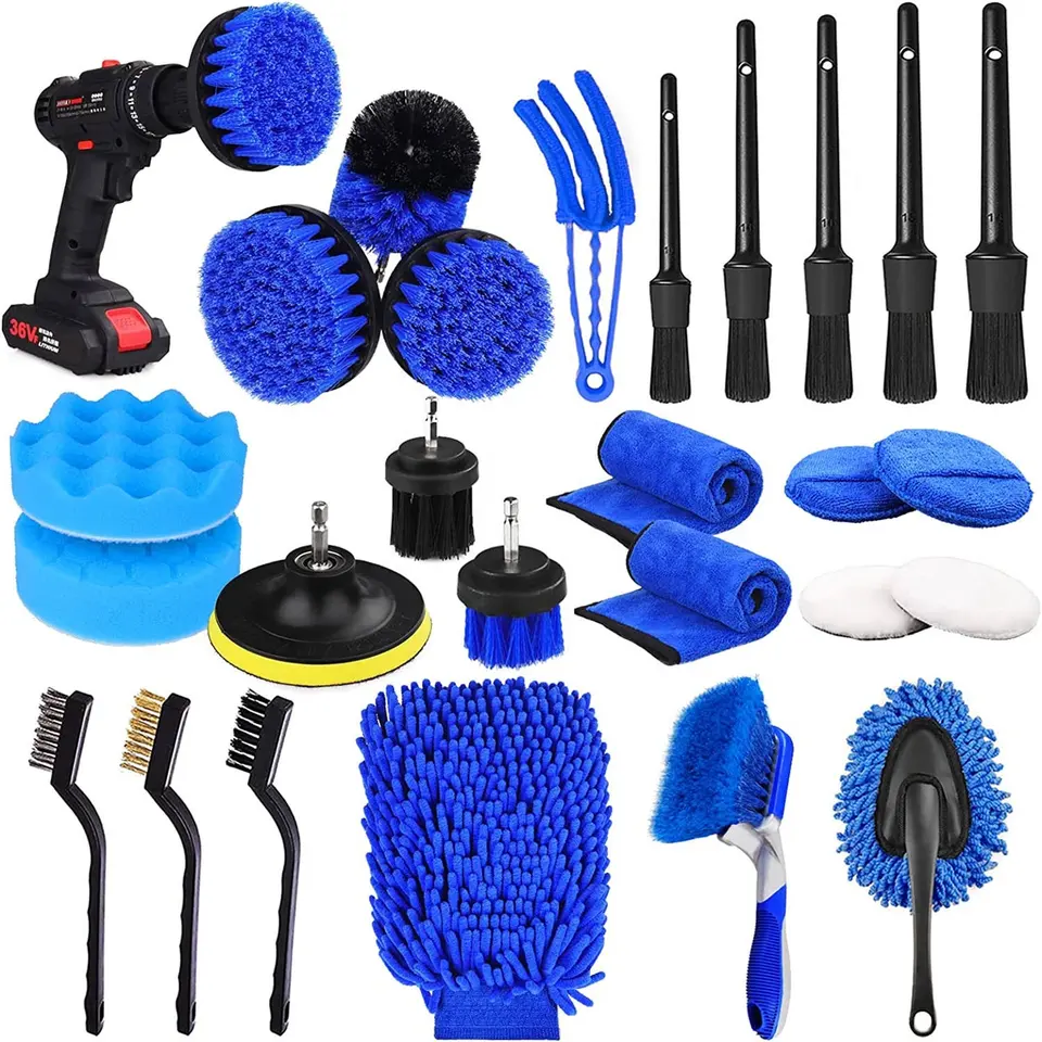 Factory 26Pcs blue Car Detailing Brush Set Auto Washing Drill Brush Set Car Cleaning Tools Kit for car care Wholesale