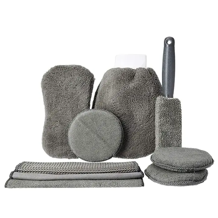 High Quality Portable 9PCS Microfiber Gray Car Washing Tool kit With Bag Gray Applicator Pad Gloves Towel Sponge Car Care Kit