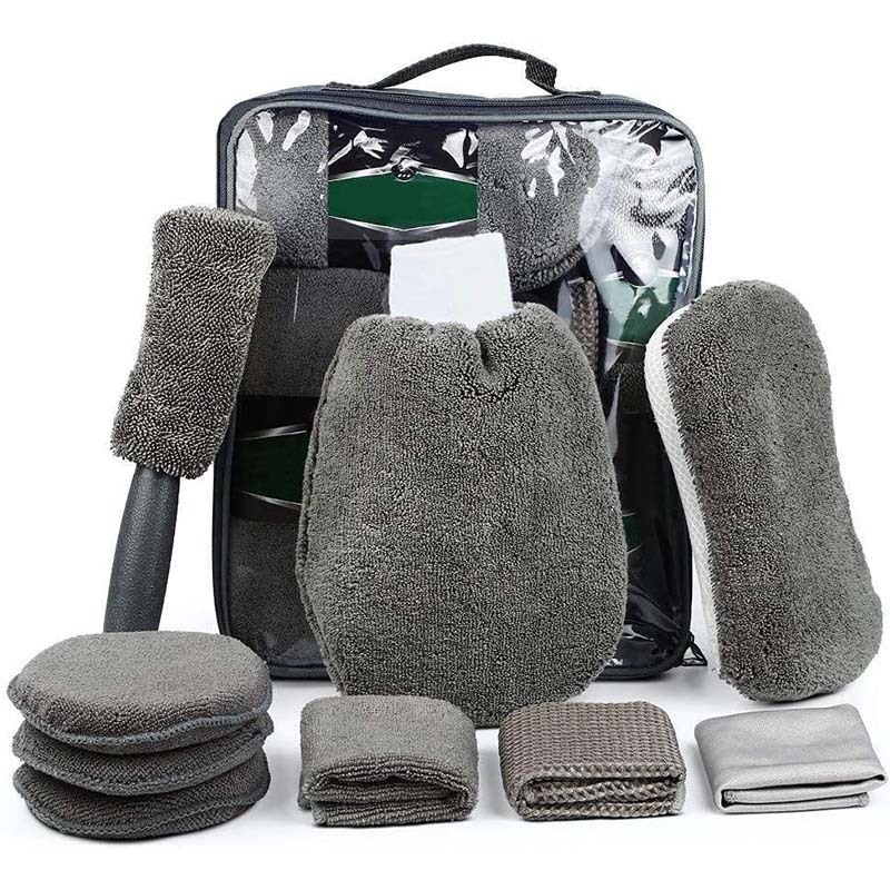 High Quality Portable 9PCS Microfiber Gray Car Washing Tool kit With Bag Gray Applicator Pad Gloves Towel Sponge Car Care Kit