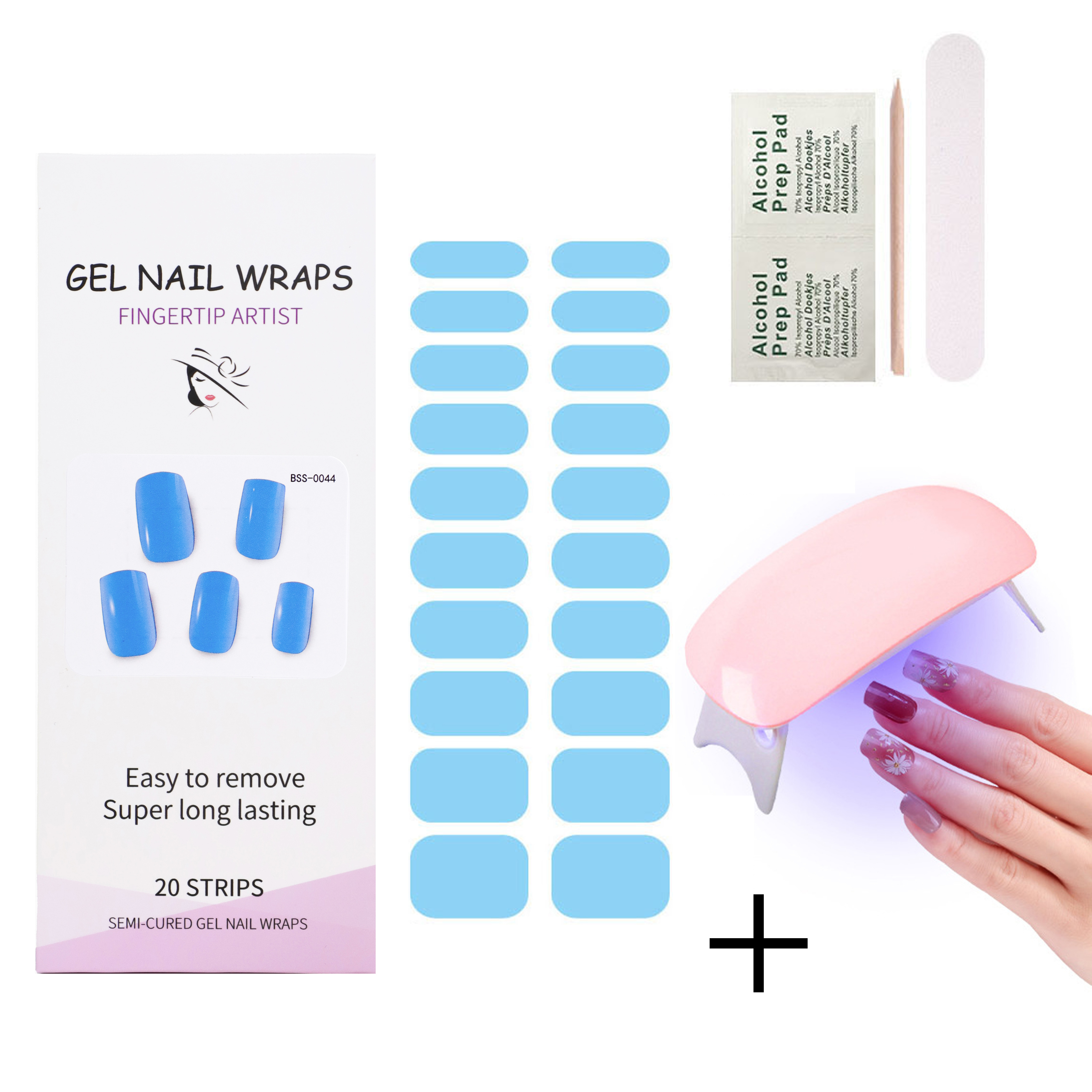 YZR New Arrival Semi Cured Gel Nail Wraps with Sun Mini Lamp Stickers to Cure UV Gel Nail Strips Kit