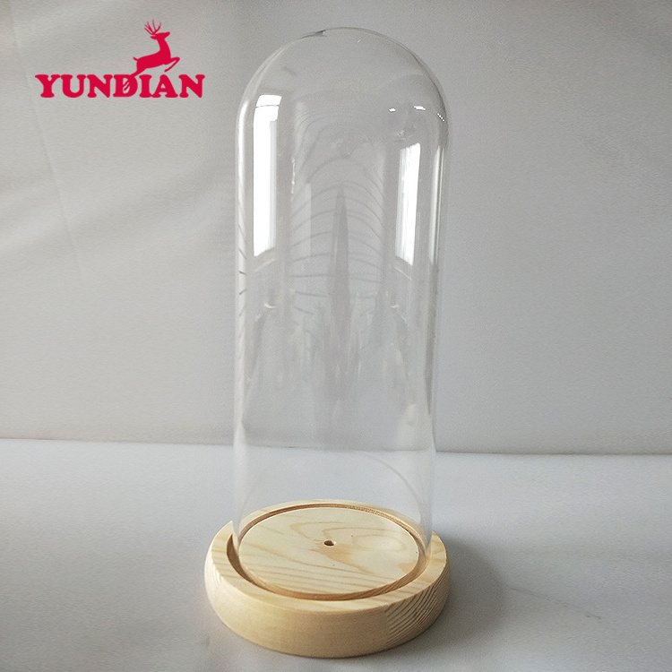 Factory Wholesale Different Size Transparent Clear Display Bell Glass Cloche Dome With Wood Base For Home Deco