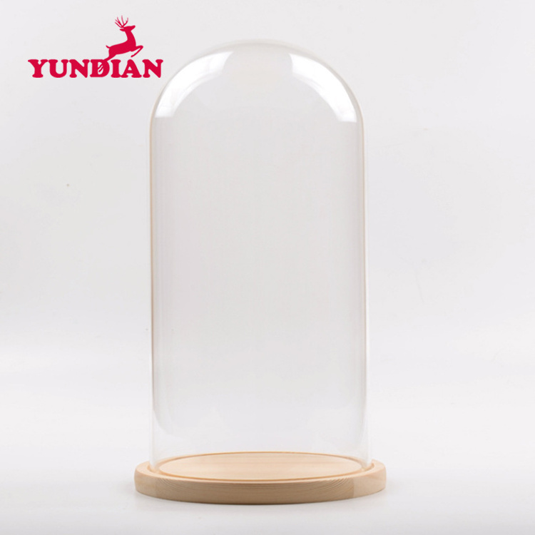 Factory Wholesale Different Size Transparent Clear Display Bell Glass Cloche Dome With Wood Base For Home Deco