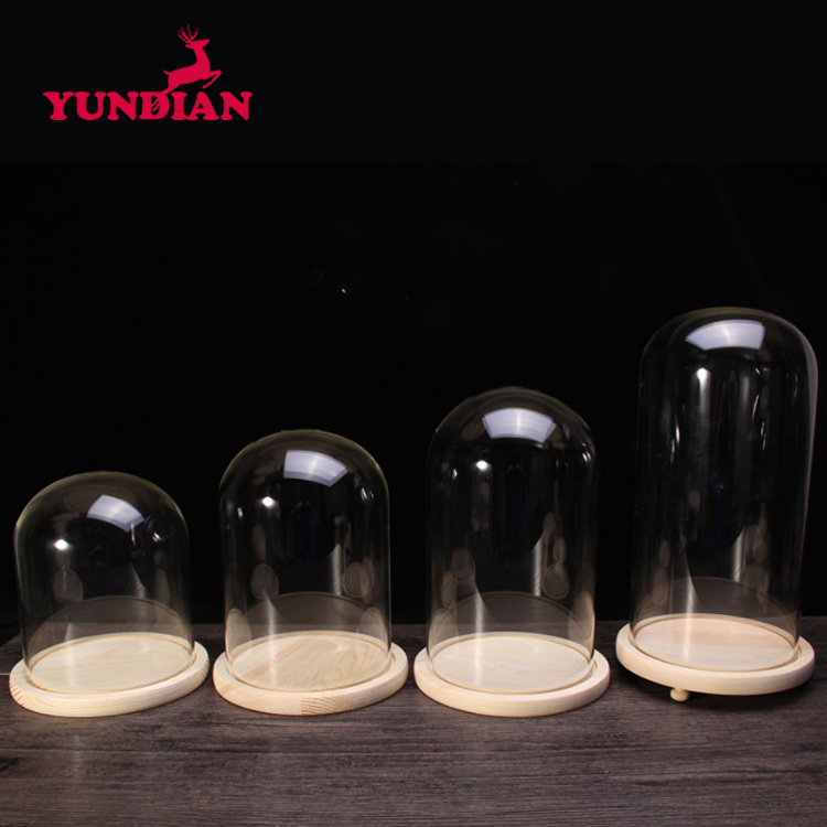 Factory Wholesale Different Size Transparent Clear Display Bell Glass Cloche Dome With Wood Base For Home Deco