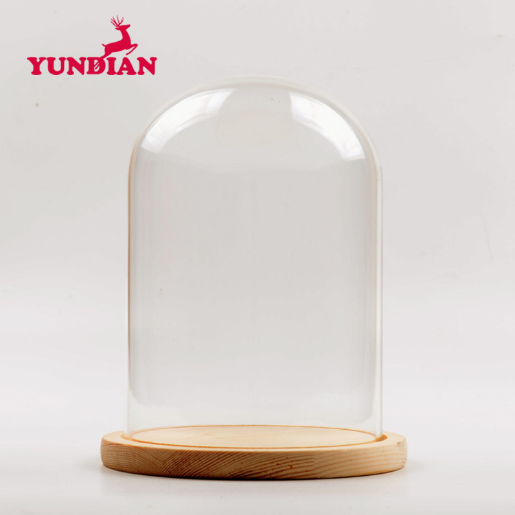 Factory Wholesale Different Size Transparent Clear Display Bell Glass Cloche Dome With Wood Base For Home Deco