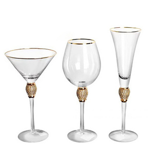 Wedding decorated creative fancy luxury blue red pink purple goblet cup martini champagne cocktail wine glasses with gold rim