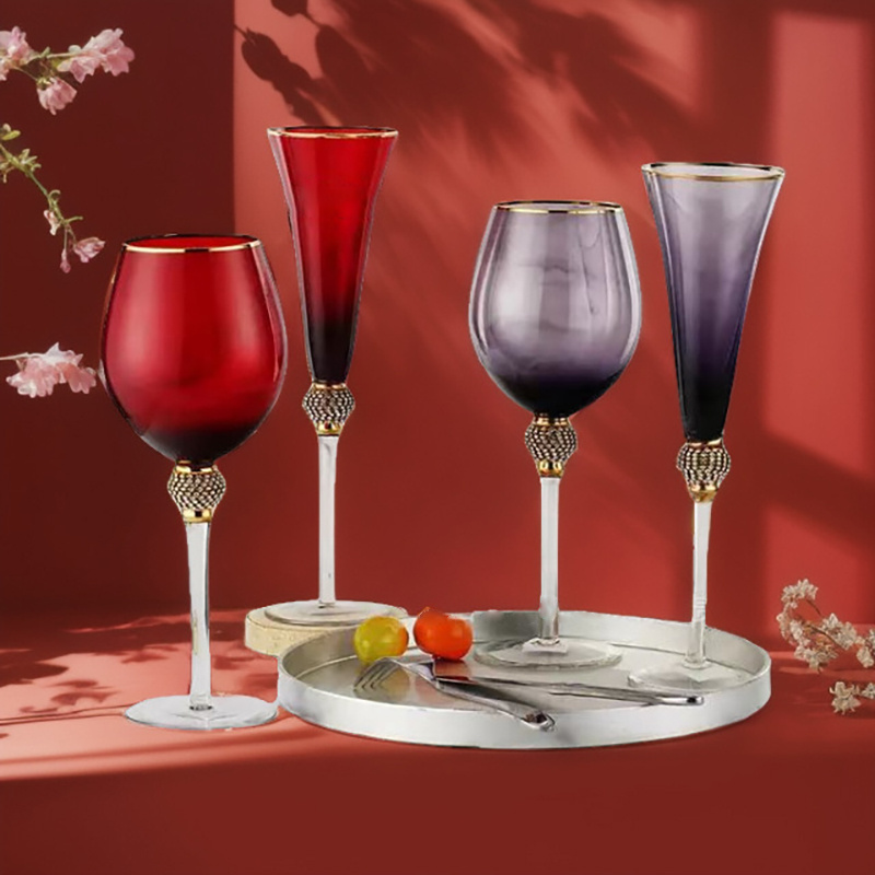 Wedding decorated creative fancy luxury blue red pink purple goblet cup martini champagne cocktail wine glasses with gold rim