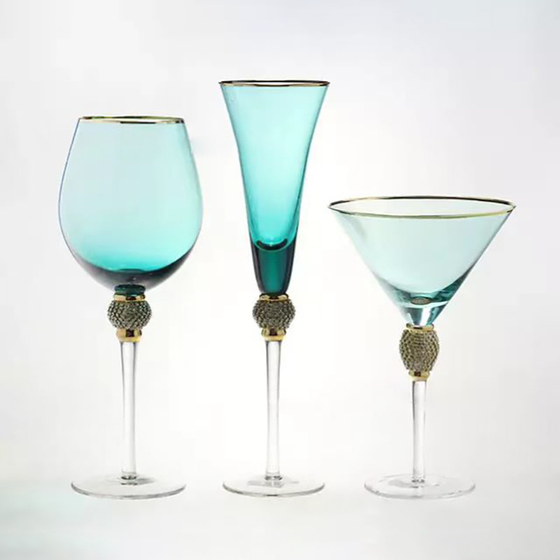 Wedding decorated creative fancy luxury blue red pink purple goblet cup martini champagne cocktail wine glasses with gold rim