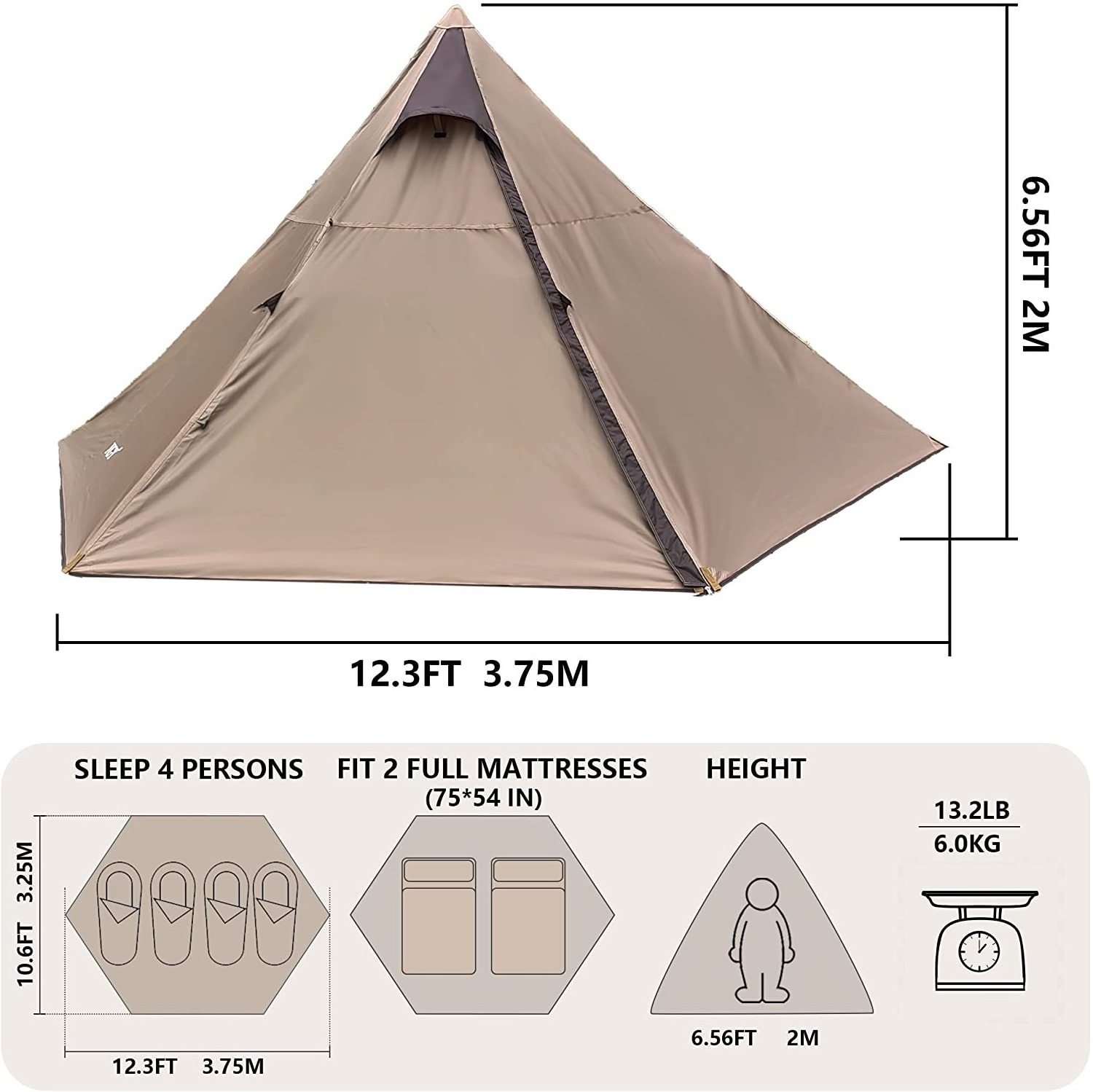 Camping Tent 4 Person Full Blackout Teepee Tent Easy Setup Pyramid Tipi 4-Season Family Tent