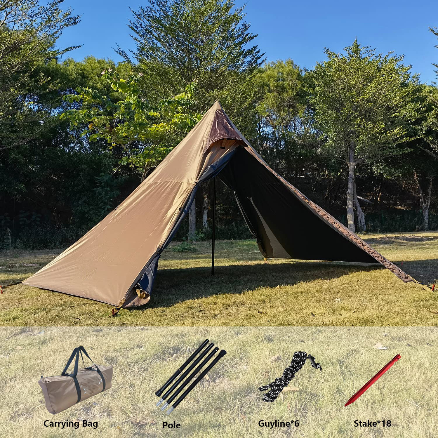 Camping Tent 4 Person Full Blackout Teepee Tent Easy Setup Pyramid Tipi 4-Season Family Tent