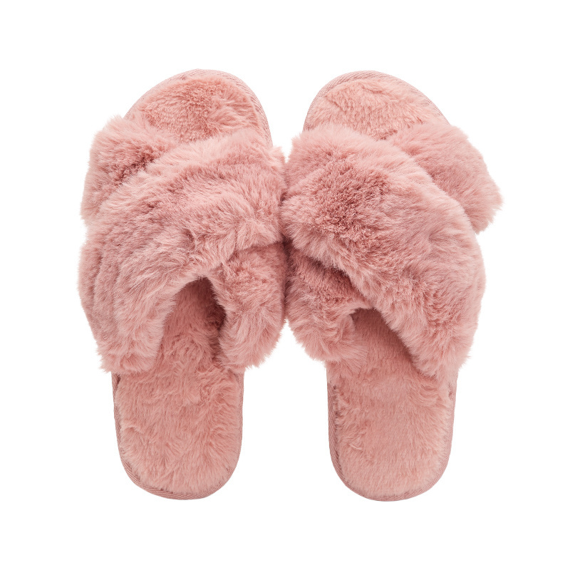 Custom Fashion Morning Night Home Bedroom Gift Cross Band Real Rabbit Fur Slippers Fur Slides for Women Sleepers