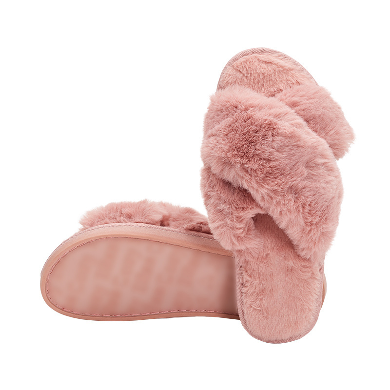 Custom Fashion Morning Night Home Bedroom Gift Cross Band Real Rabbit Fur Slippers Fur Slides for Women Sleepers