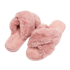 Custom Fashion Morning Night Home Bedroom Gift Cross Band Real Rabbit Fur Slippers Fur Slides for Women Sleepers