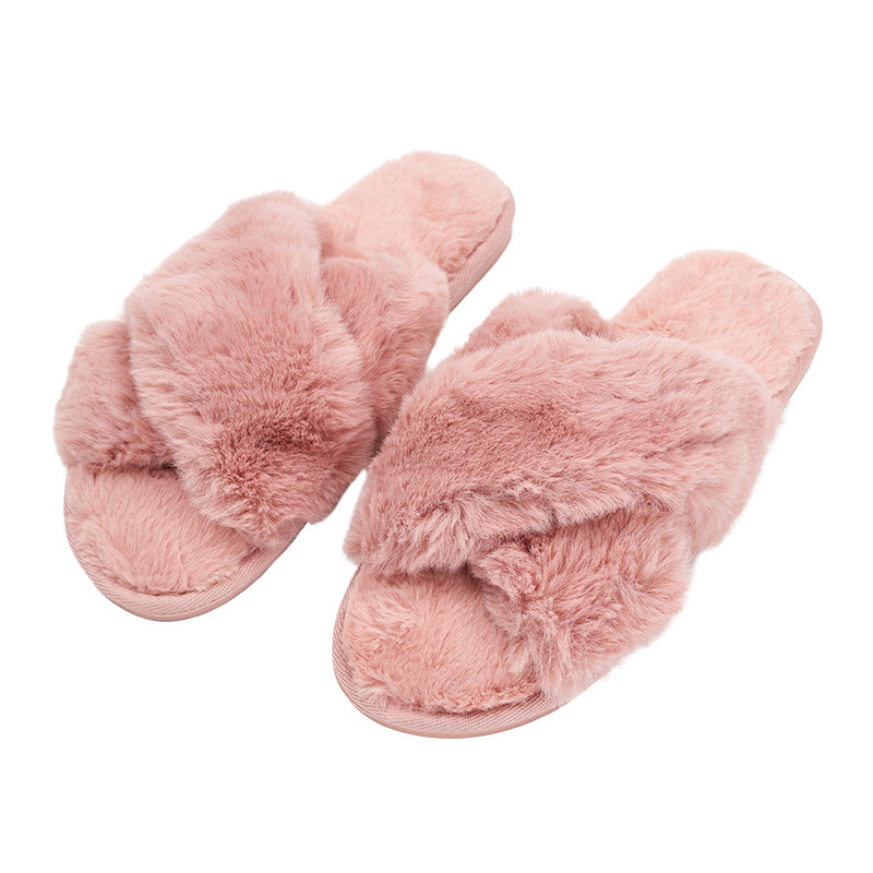 Custom Fashion Morning Night Home Bedroom Gift Cross Band Real Rabbit Fur Slippers Fur Slides for Women Sleepers