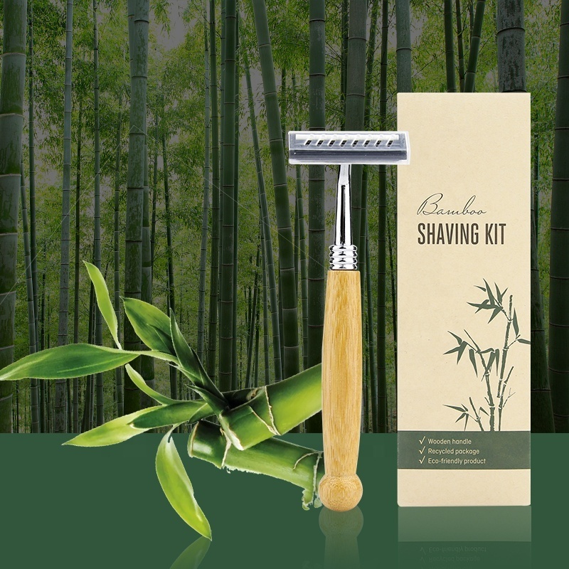 Eco friendly Biodegradable Bamboo Handle Men Shaving Razor Shaving Cream Kit Set with Bamboo Paper Box Packed