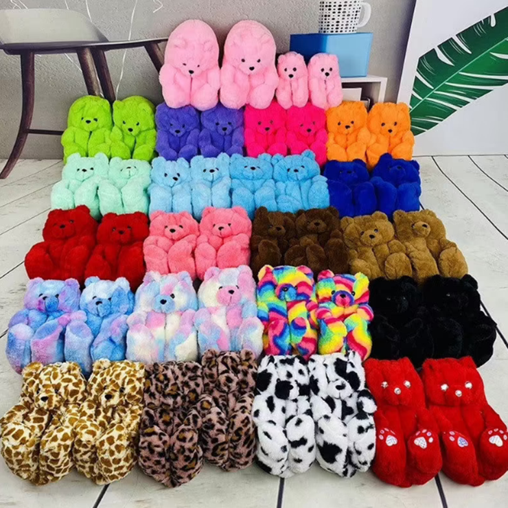 Adult Teddy Bear Slippers 2022 Valentines Day Gift Fuzzy Teddy Wholesale Plush Teddy Bear Slippers For Women Girls