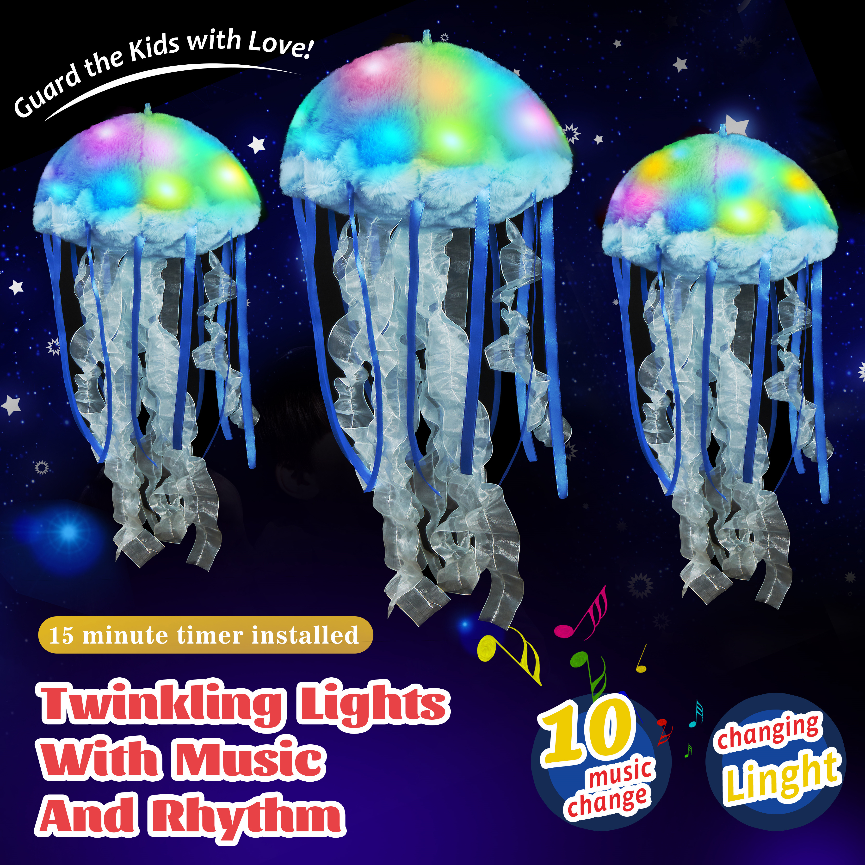 Glow Guards 5'' Light up Jellyfish Plush Blue Marine Life Toy Stuffed Animal Luminous Soft Hang Bedroom Night Light Holiday