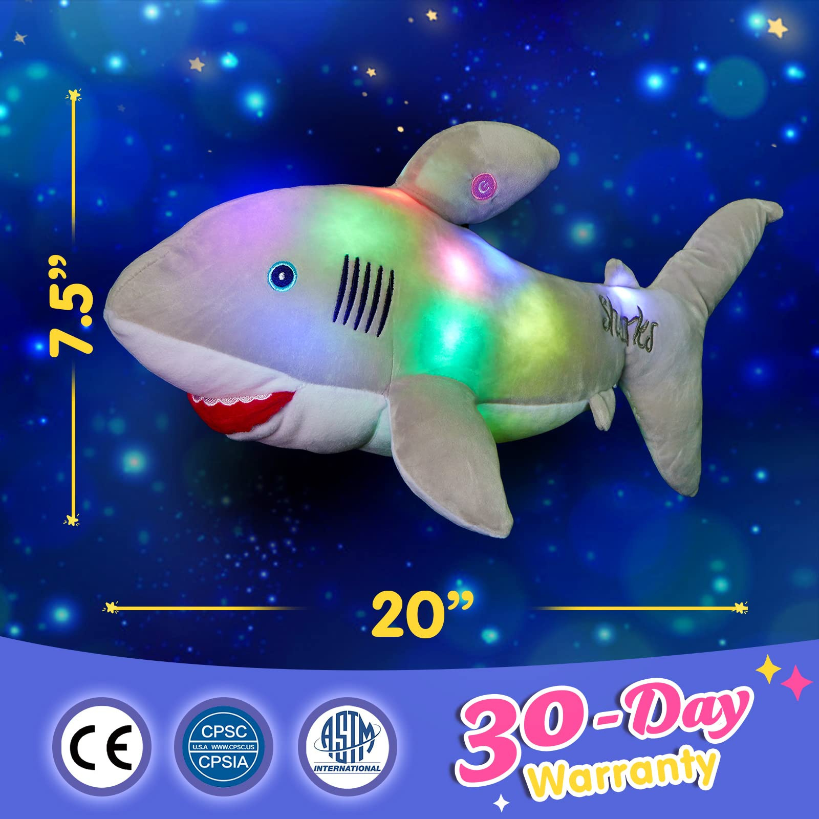 Bstaofy Light up Shark Stuffed Animal Glow Plush Ocean Species LED Toy Night Lights Gifts for Kids, 20 Inches