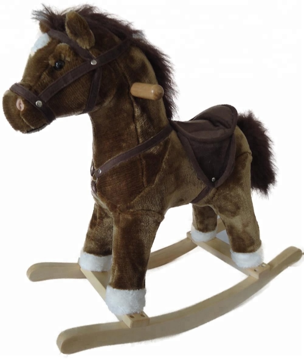 2018 dark brown little pony plush rocking horse, pony plush rocking toy with wooden base & wheels outdoor