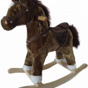 2018 dark brown little pony plush rocking horse, pony plush rocking toy with wooden base & wheels outdoor