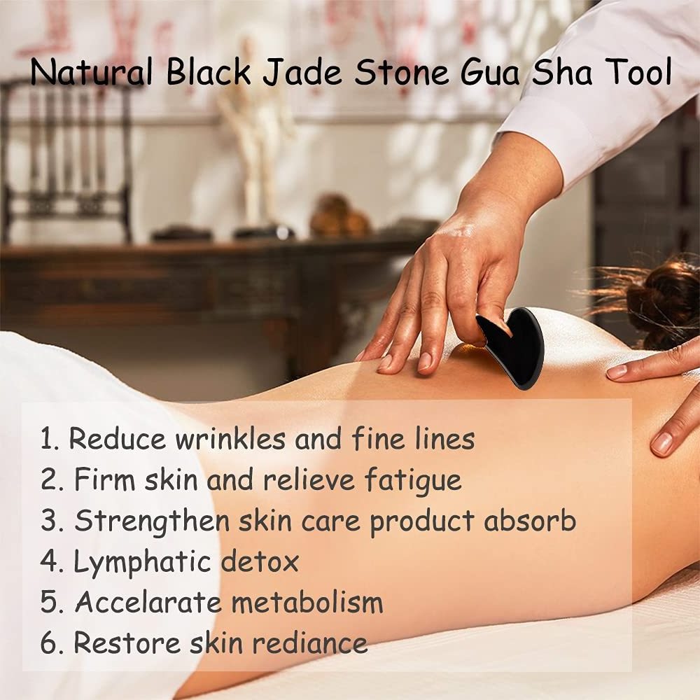 Black Jade Gua Sha Massage Tool Set, Natural Jade Stone Guasha Facial Tool, Face Massager for Eyes, Neck, Body