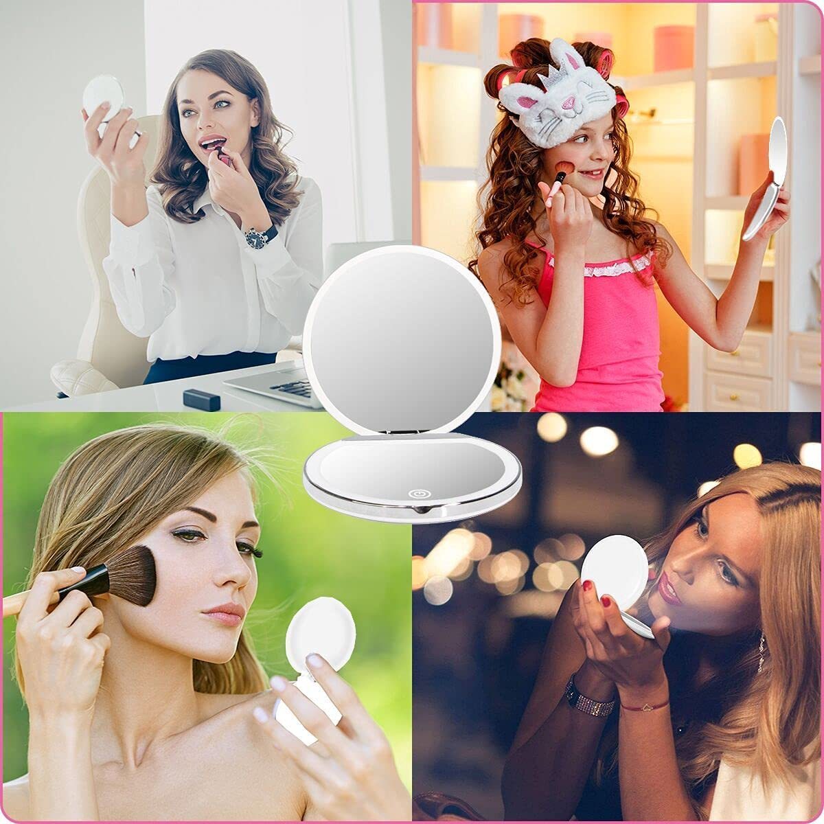 Compact Magnifying Mirror Makeup Vanity Hand Mirror with Lights and Magnification Led Travel Mirror 3 Level Brightness Portable