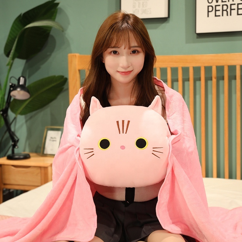 Cute Cat Plush Pillow-Hand Warm Toys Soft Stuffed Hugging Pillows Toy with Blanket  For Kid's or Girl's Gifts