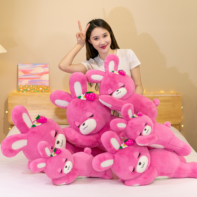 2023 New Design Strawberry Rabbit Plush Cartoon Cute Pink Bunny Mascot Stuffed Animal Plush Toy