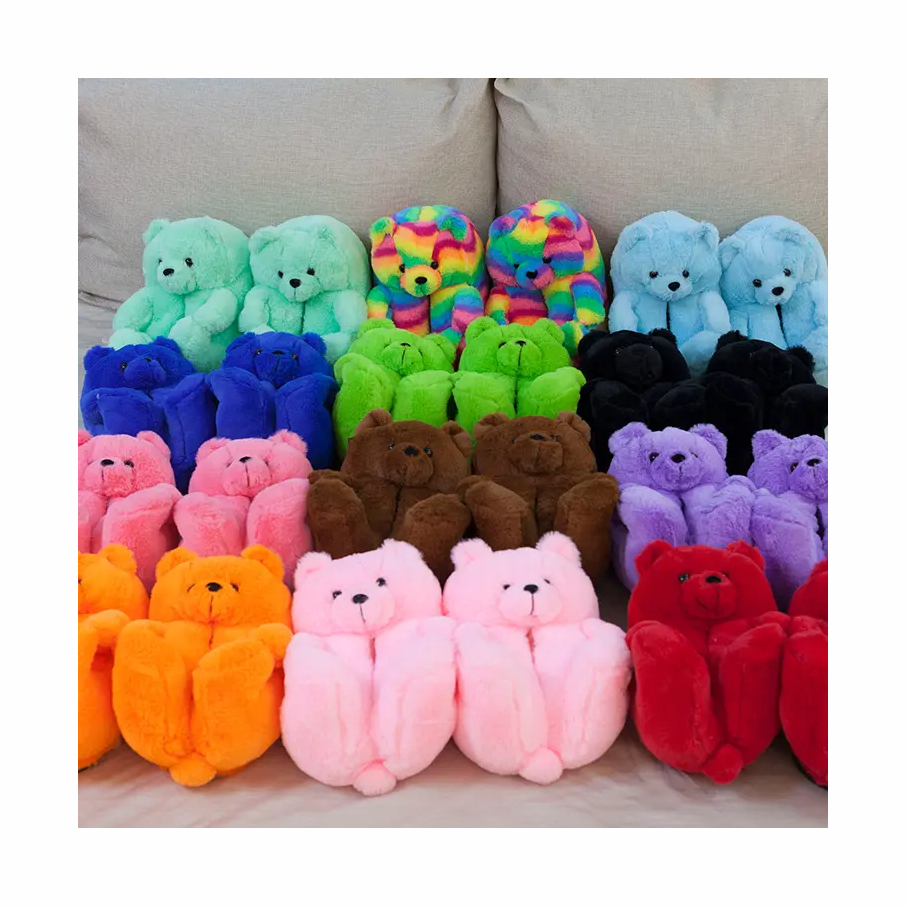 2022 High quality winter warming plush slippers teddy bear fluffy teddy bear stuffed warm slippers for women