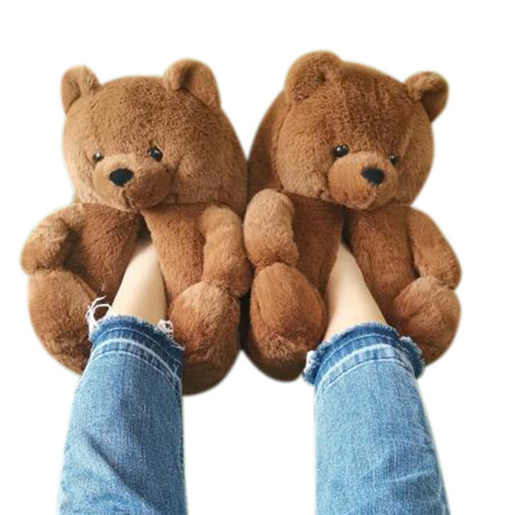 2022 High quality winter warming plush slippers teddy bear fluffy teddy bear stuffed warm slippers for women