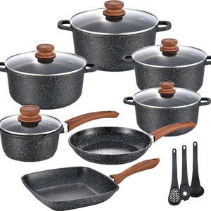 15 Pcs Cookware Set Pots Non Stick Kitchen Camping Cookware Sets Cooking Pot Wood Grain Handle Aluminium Pot With Lid