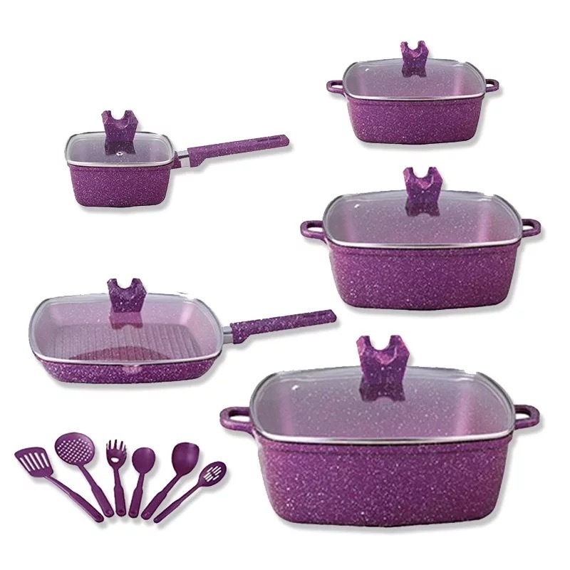 17pcs die cast aluminum square pot cookware set with granite coating