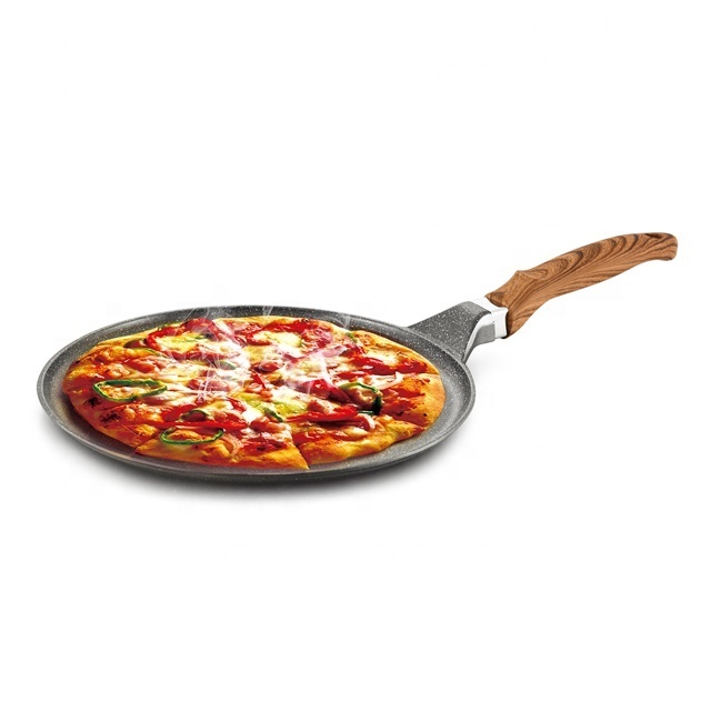 24cm die cast aluminum non-stick marble pizza pan with wooden silicone handle