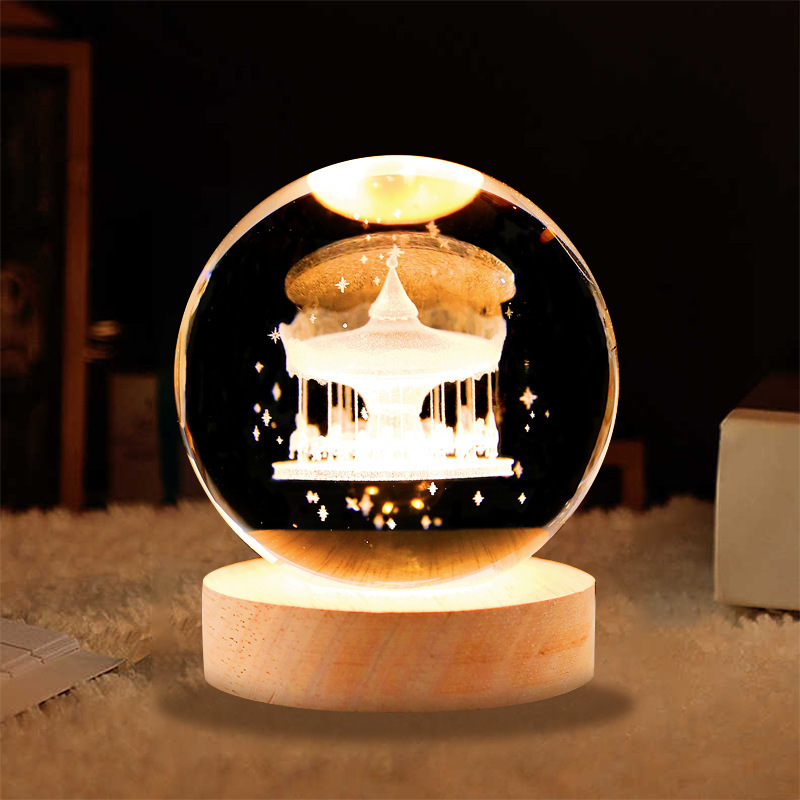 2024 Crystal ball Crystal 3D Laser Engraved Solar System Ball with Switch LED Light Base Astronomy Gift