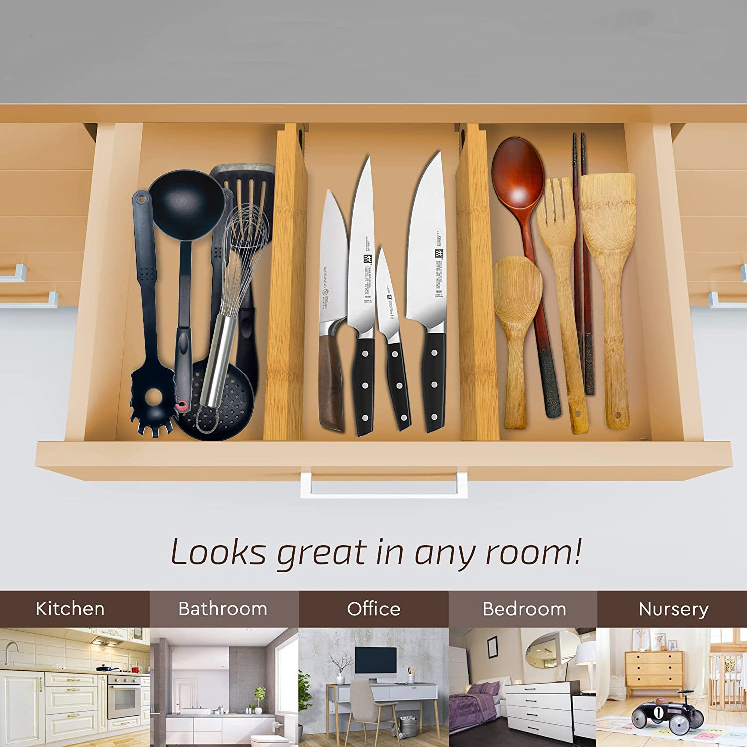 Bamboo Drawer Dividers Organizer with 6 Extra Mini Inserts Cutlery Organizer