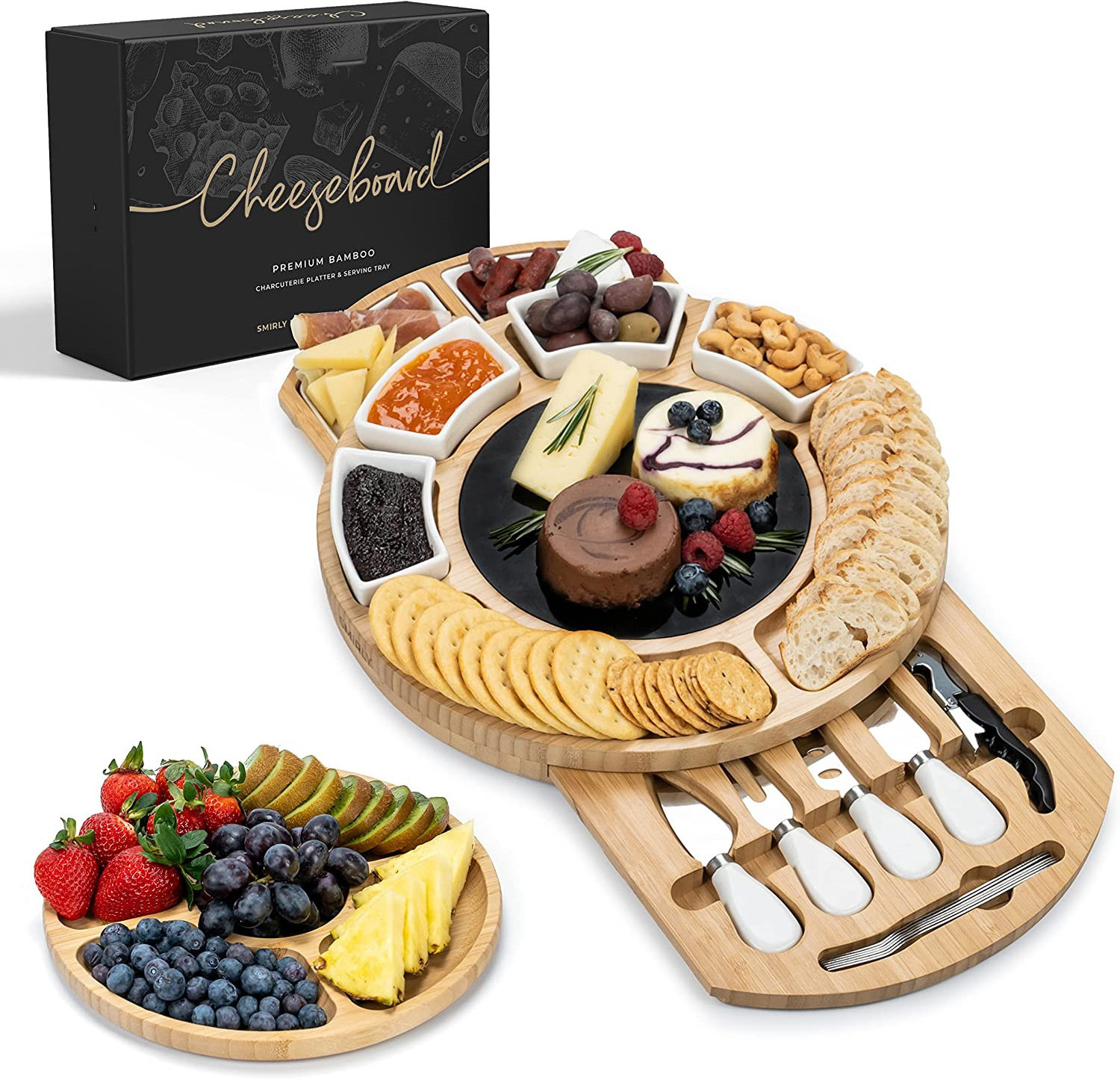 Bamboo versatile round bamboo deli cheese board and knife set with drawer and ceramic bowl