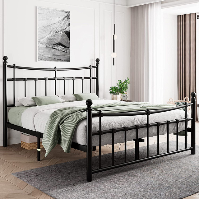 Heavy Duty Metal Platform Bed Frame Metal Bed Frame with Iron-Art Headboard with 14 Steel Slats Support