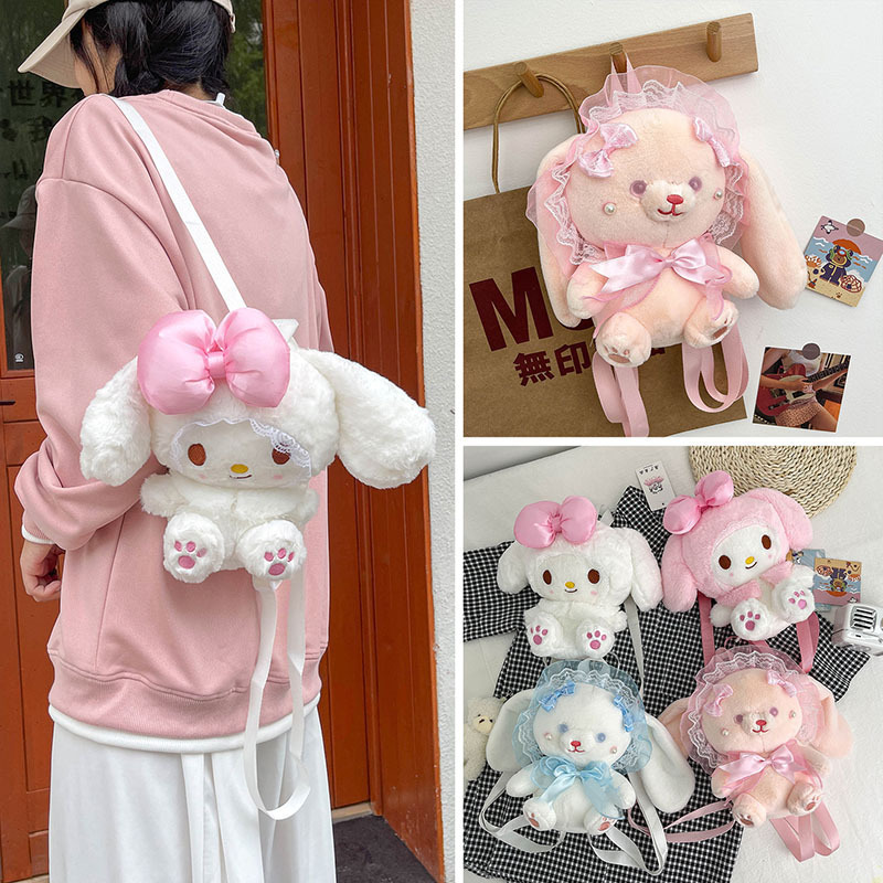 Kawaii KT Cinnamon Stitch My Melody Kuromi Plush Toys Kids Birthday Gift Cartoon Stuffed Doll Backpack