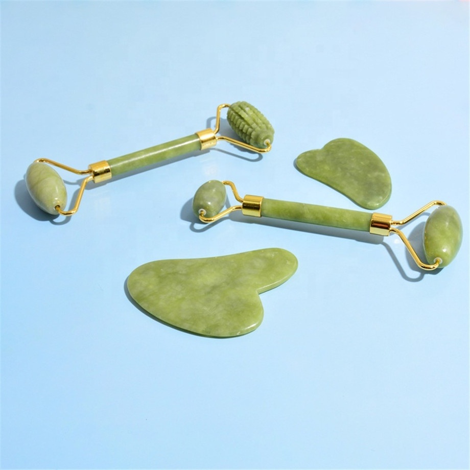 wholesale custom logo facial massage gua sha tool jade massager roller set green guasha stone set