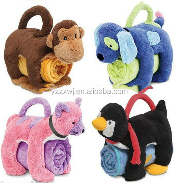 Plush Animal Toy Baby Swaddle Blanket dog monkey penguin cat blanket with pillow Animal Head Plush Baby Blanket