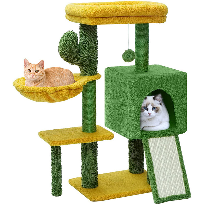 Comfy Condo Hammock Cat Tree Fully Scratching Post Dangling Bell Ball Cute Cat Tower Tree with Padded Top Perch for Indoor Cats