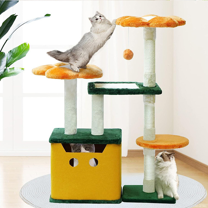 Comfy Condo Hammock Cat Tree Fully Scratching Post Dangling Bell Ball Cute Cat Tower Tree with Padded Top Perch for Indoor Cats