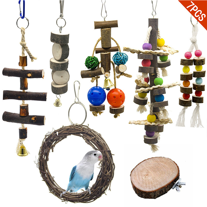 Bird Parrot Swing Chewing Toys Natural Wood Blocks Parrot Teasing Cage Toys Best for Finch,Budgie,Parakeets,Cockatiels