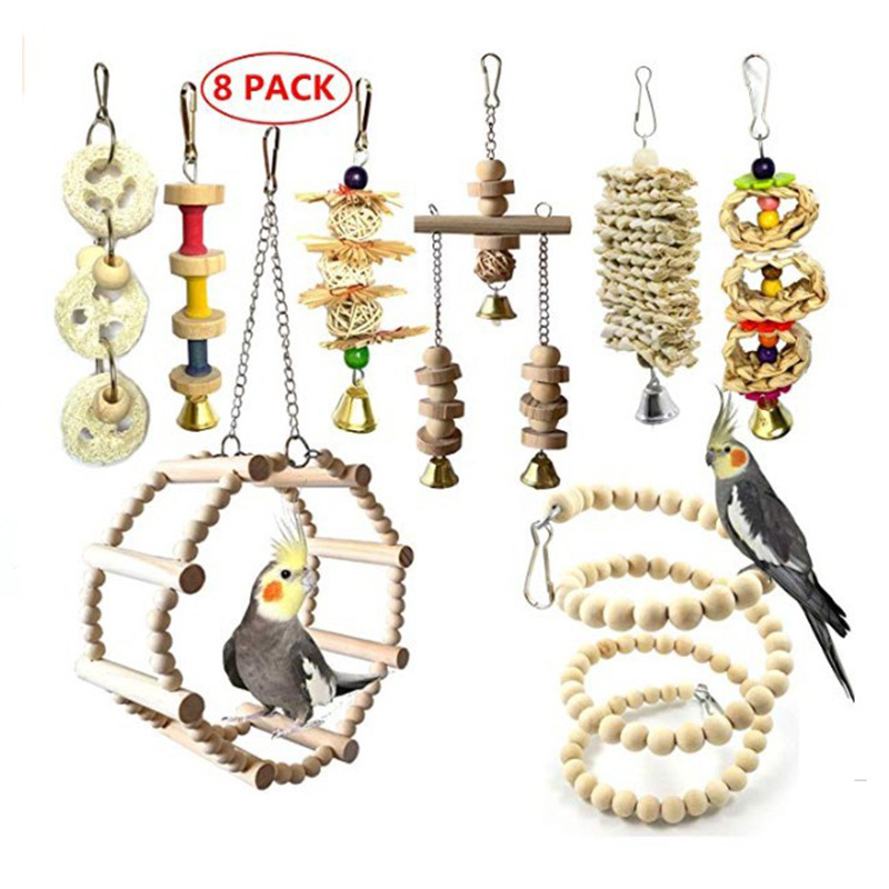 Bird Parrot Swing Chewing Toys Natural Wood Blocks Parrot Teasing Cage Toys Best for Finch,Budgie,Parakeets,Cockatiels