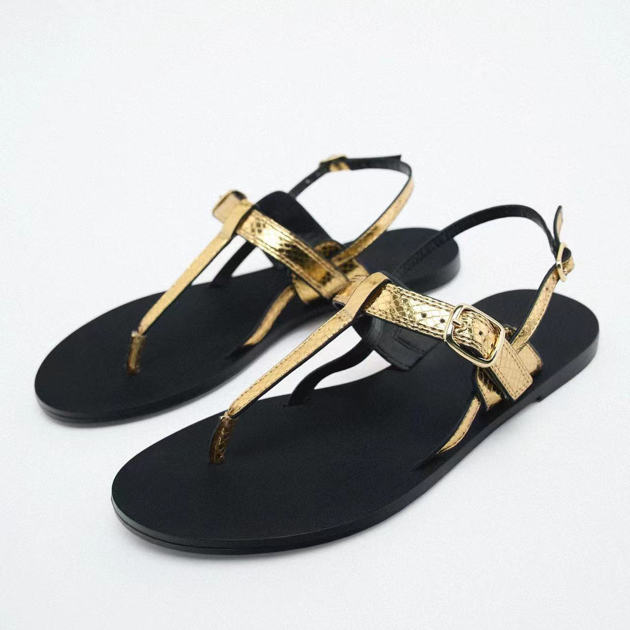 Gold metal buckle clip toe cool slippers, women's new casual open toe flats for outdoor wear in summer