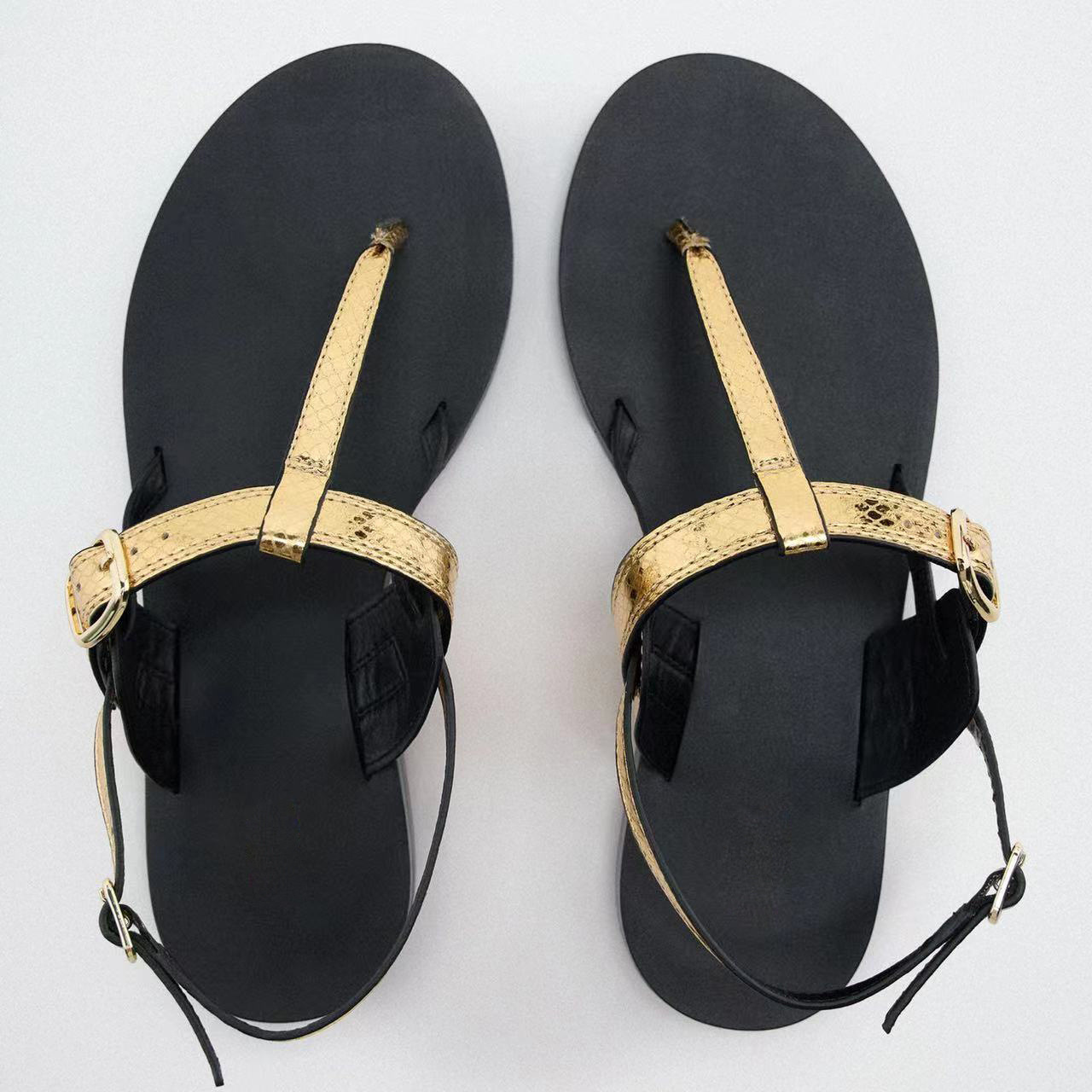 Gold metal buckle clip toe cool slippers, women's new casual open toe flats for outdoor wear in summer