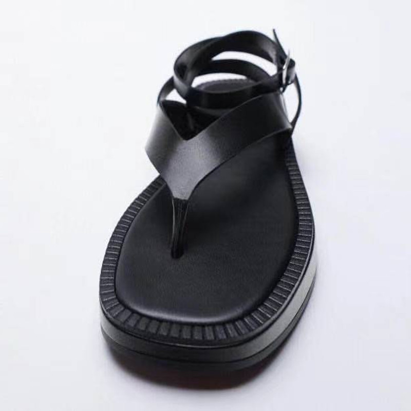 Customized designer black clip on strap leather design flat shoes for women's luxury women's fashion sandals