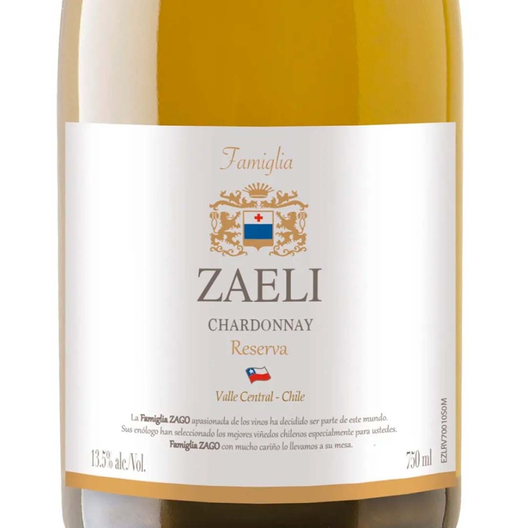 Chardonnay wine reserva Famiglia Zaeli  6x750ml High quality wine from Central Valley Chile aged 6 months in oak barrels.