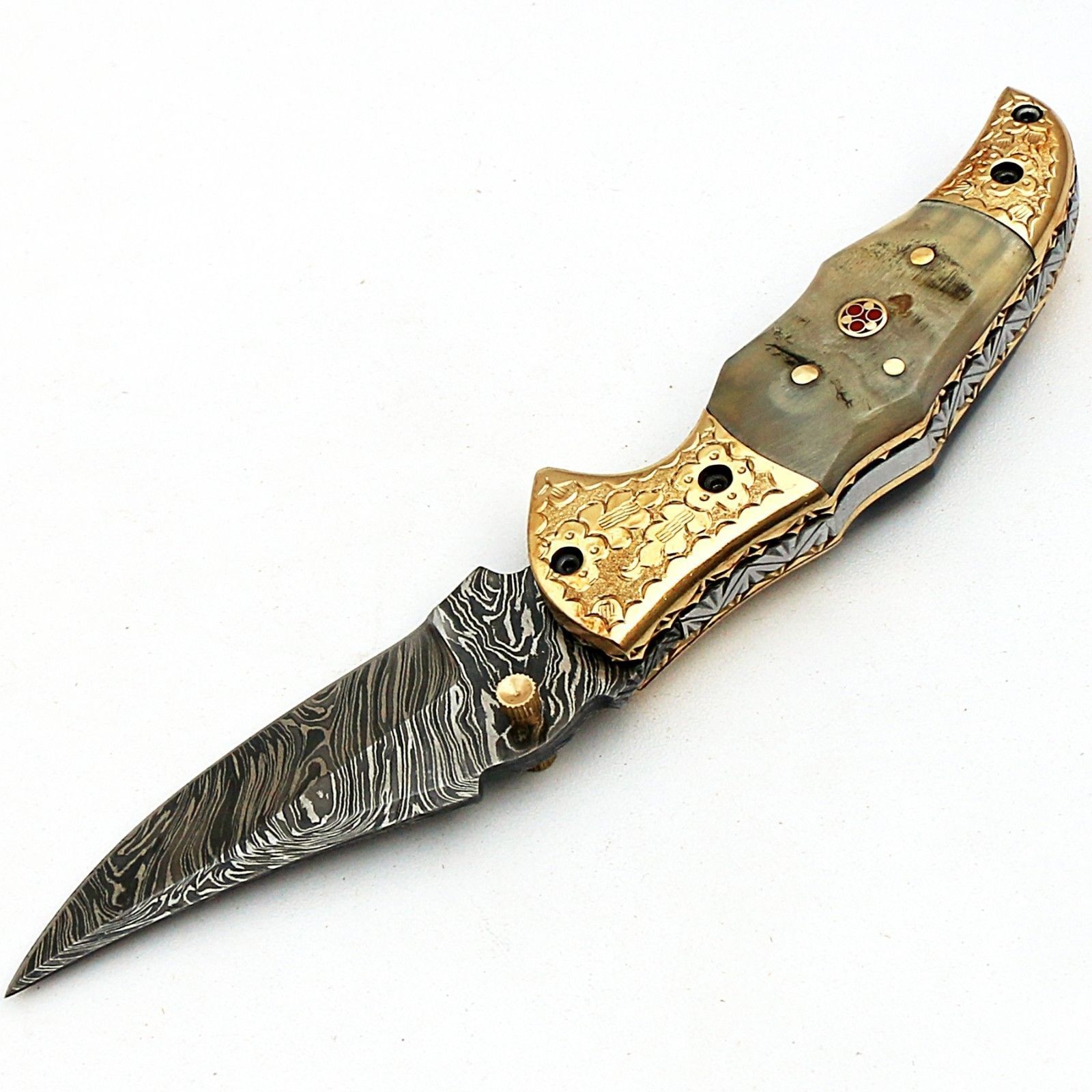 Damascus Custom Handmade Folding Knife Ram Horn Handle Hand Engraved Guard Pocket Knife with leather sheath