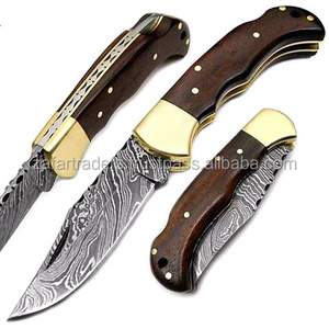 Custom Handmade Top Quality Damascus Steel Camping Knife - Pocket Knife - Folding Knife Rose Wood Handle ZR53