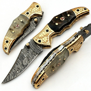 Damascus Custom Handmade Folding Knife Ram Horn Handle Hand Engraved Guard Pocket Knife with leather sheath